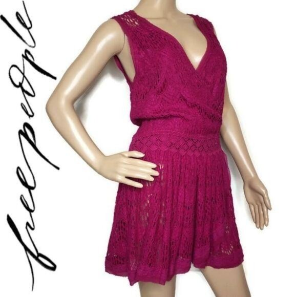 Free People Womens Magenta Lace Sleeveless V-Neck mini Dress Small - Picture 2 of 7